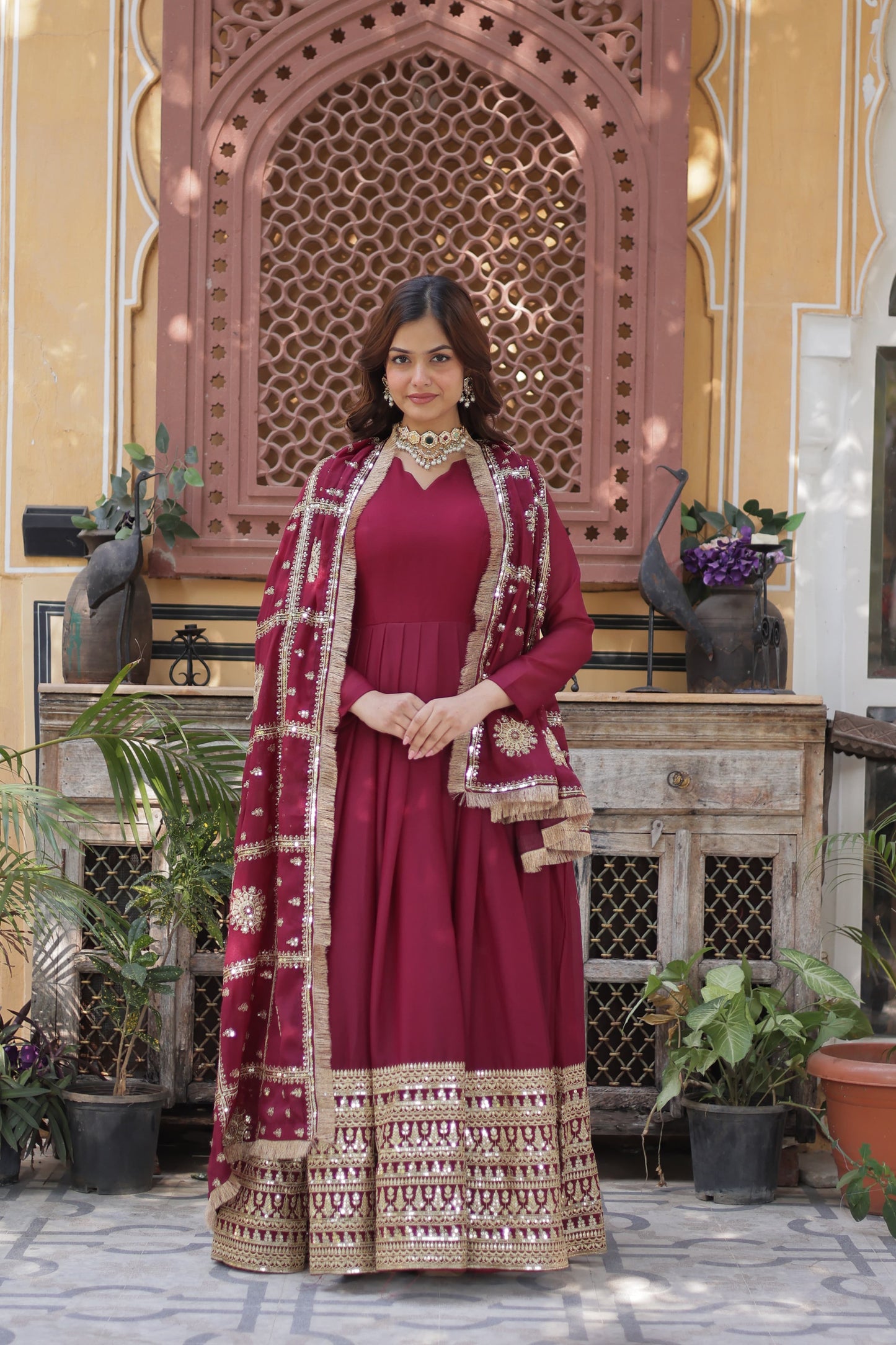 Lovely Georgette Embroidered Zari Sequins Worked Gown With Dupatta - INDIAN ELEGANCE