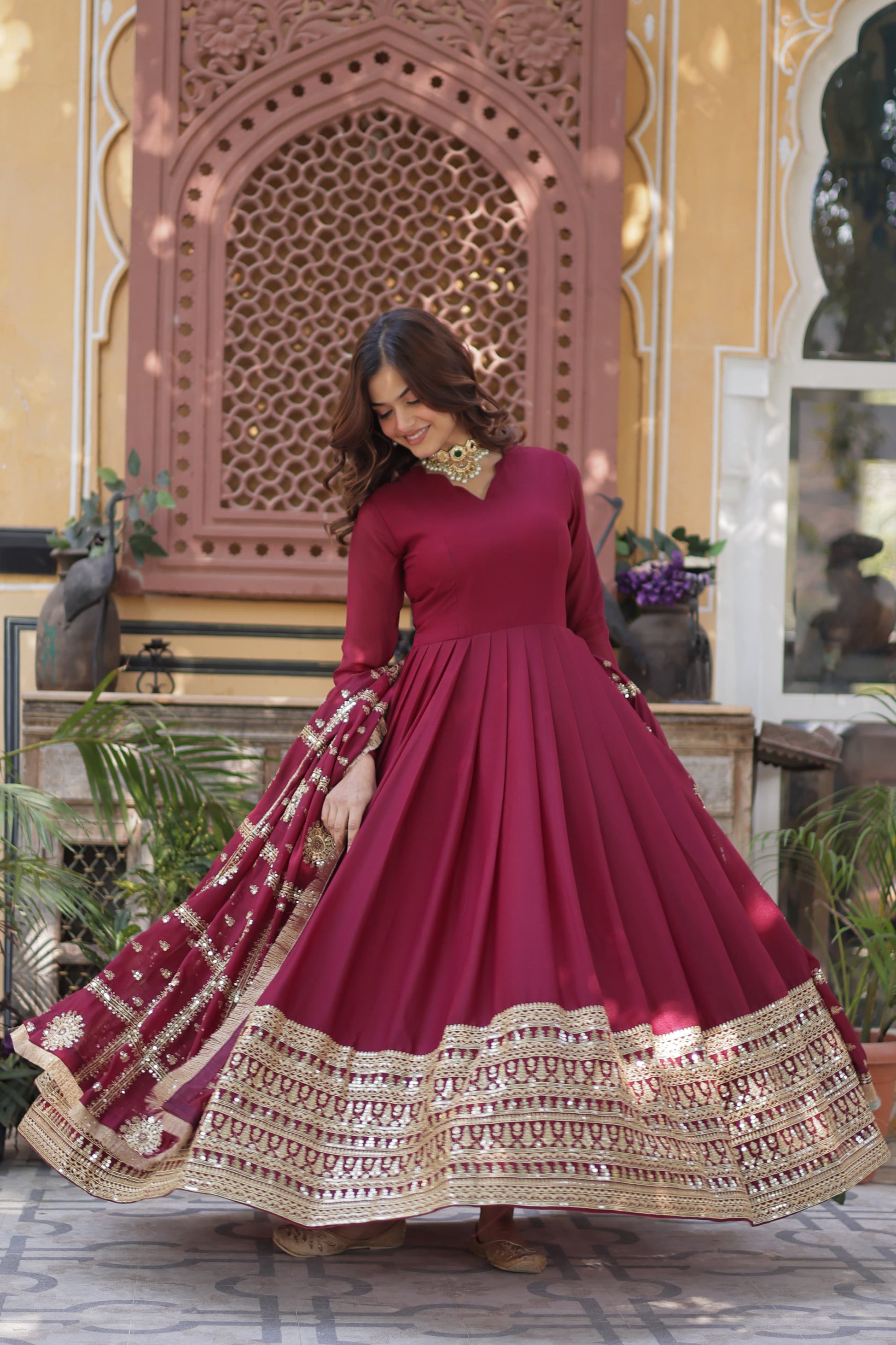 Lovely Georgette Embroidered Zari Sequins Worked Gown With Dupatta - INDIAN ELEGANCE