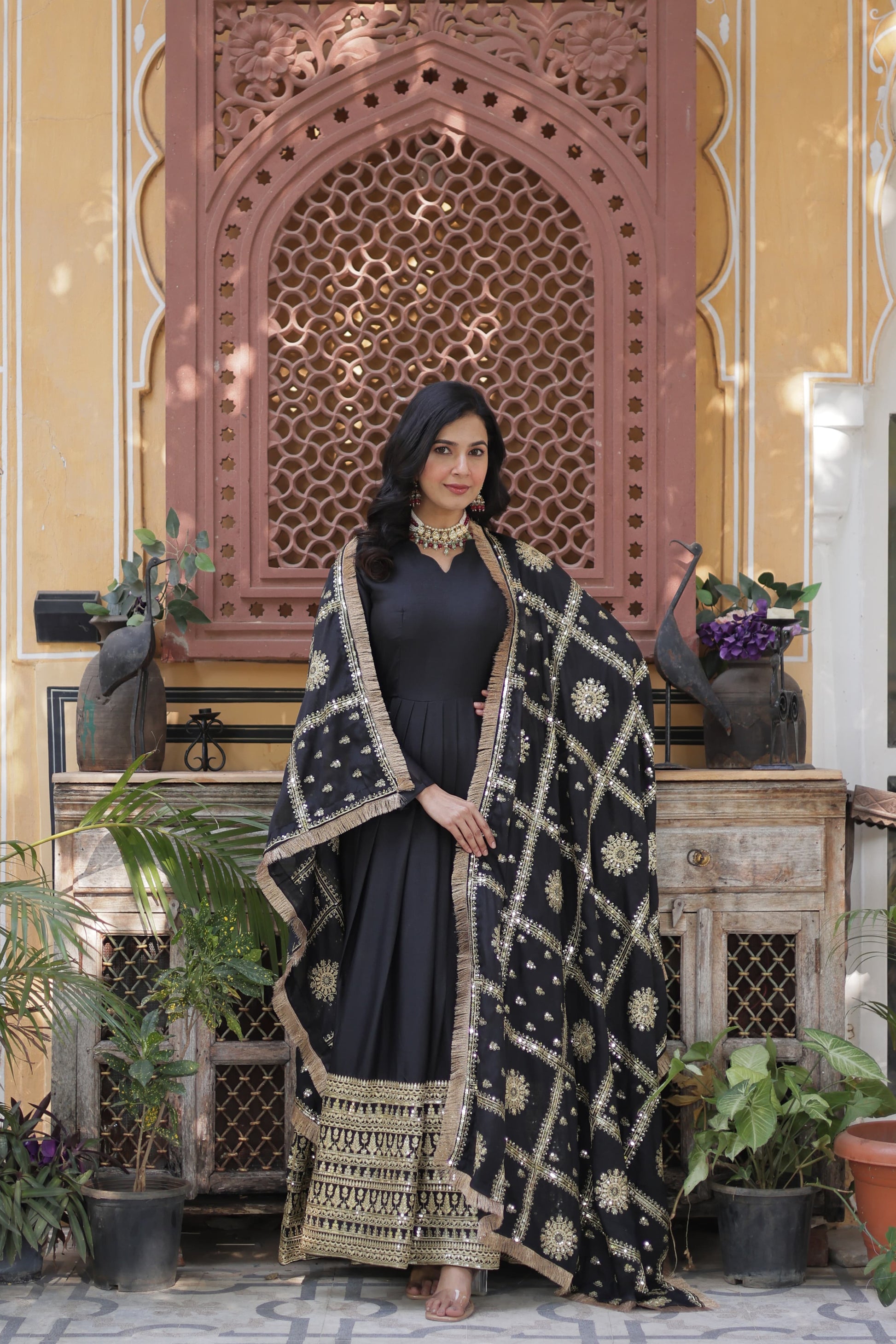 Lovely Georgette Embroidered Zari Sequins Worked Gown With Dupatta - INDIAN ELEGANCE