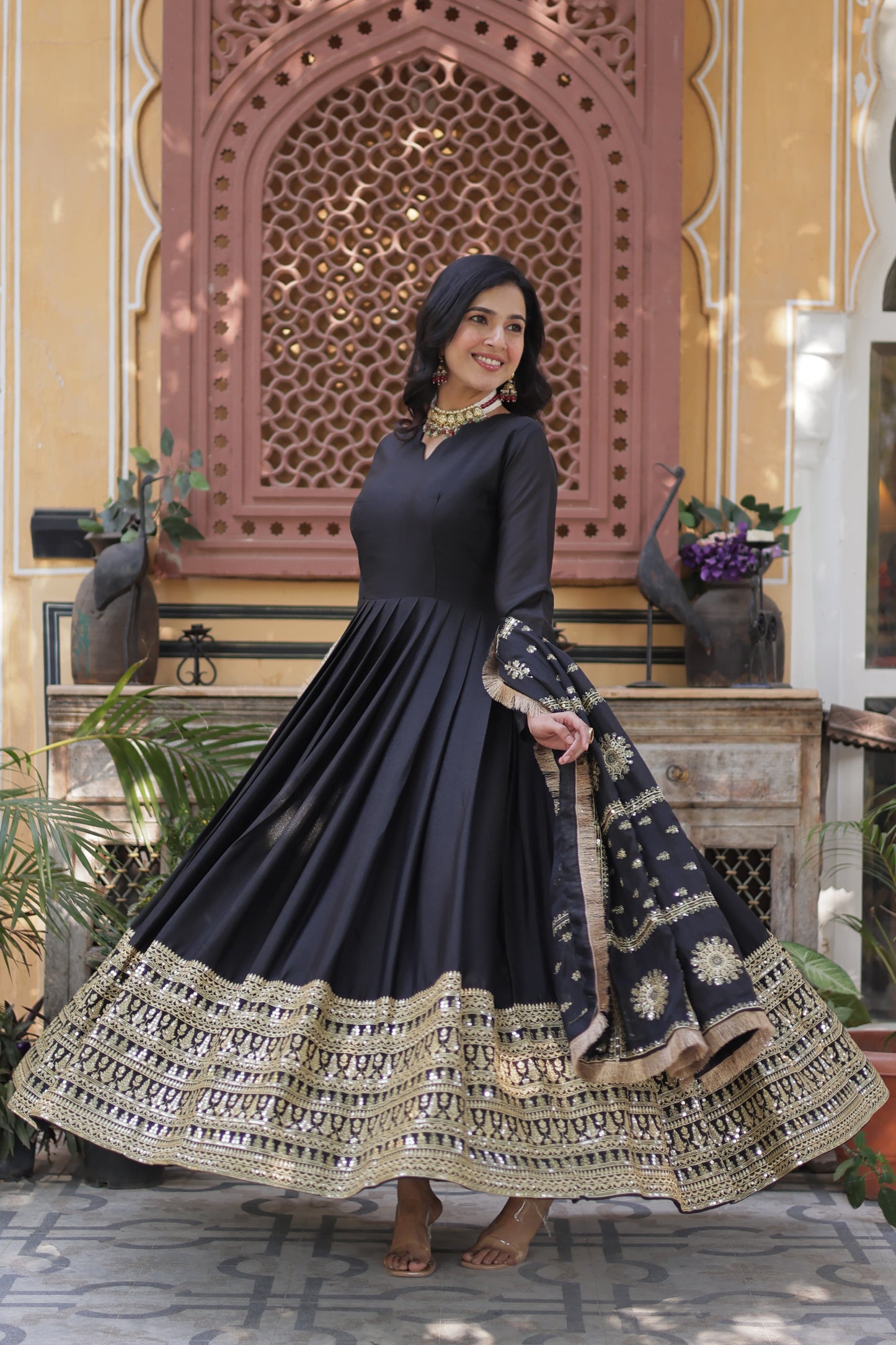 Lovely Georgette Embroidered Zari Sequins Worked Gown With Dupatta - INDIAN ELEGANCE