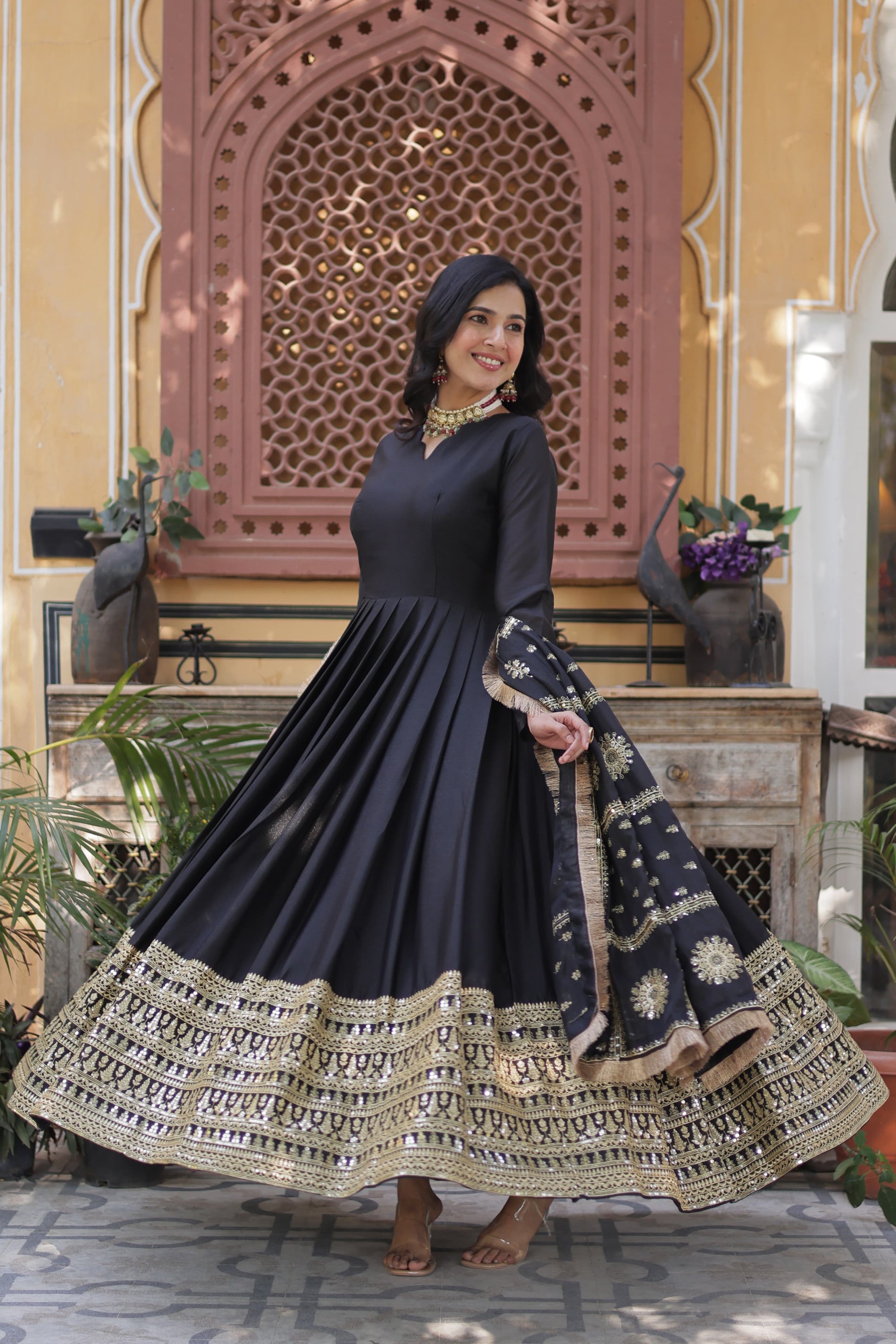 Lovely Georgette Embroidered Zari Sequins Worked Gown With Dupatta - INDIAN ELEGANCE