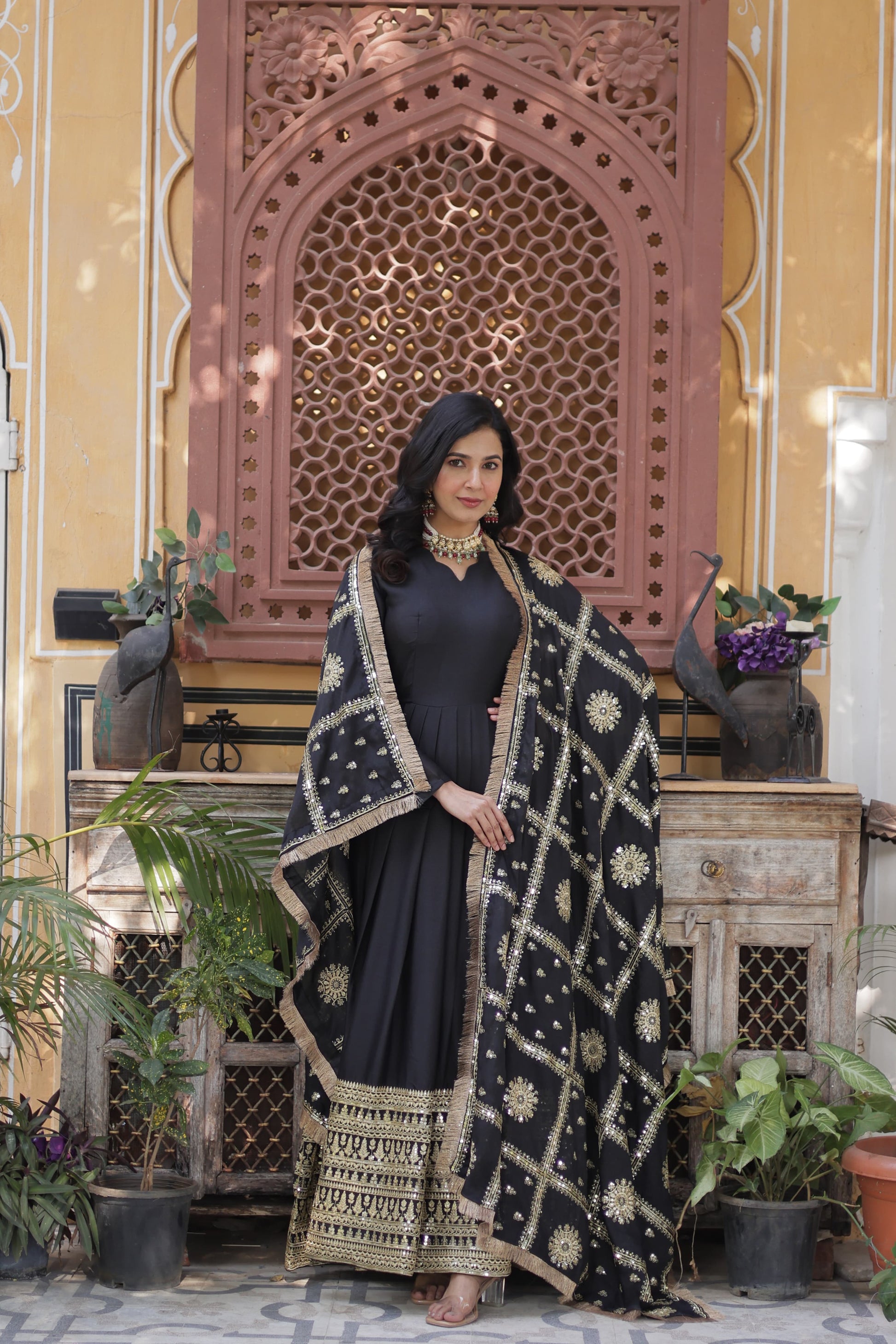Lovely Georgette Embroidered Zari Sequins Worked Gown With Dupatta - INDIAN ELEGANCE