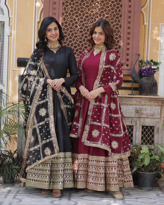 Lovely Georgette Embroidered Zari Sequins Worked Gown With Dupatta - INDIAN ELEGANCE