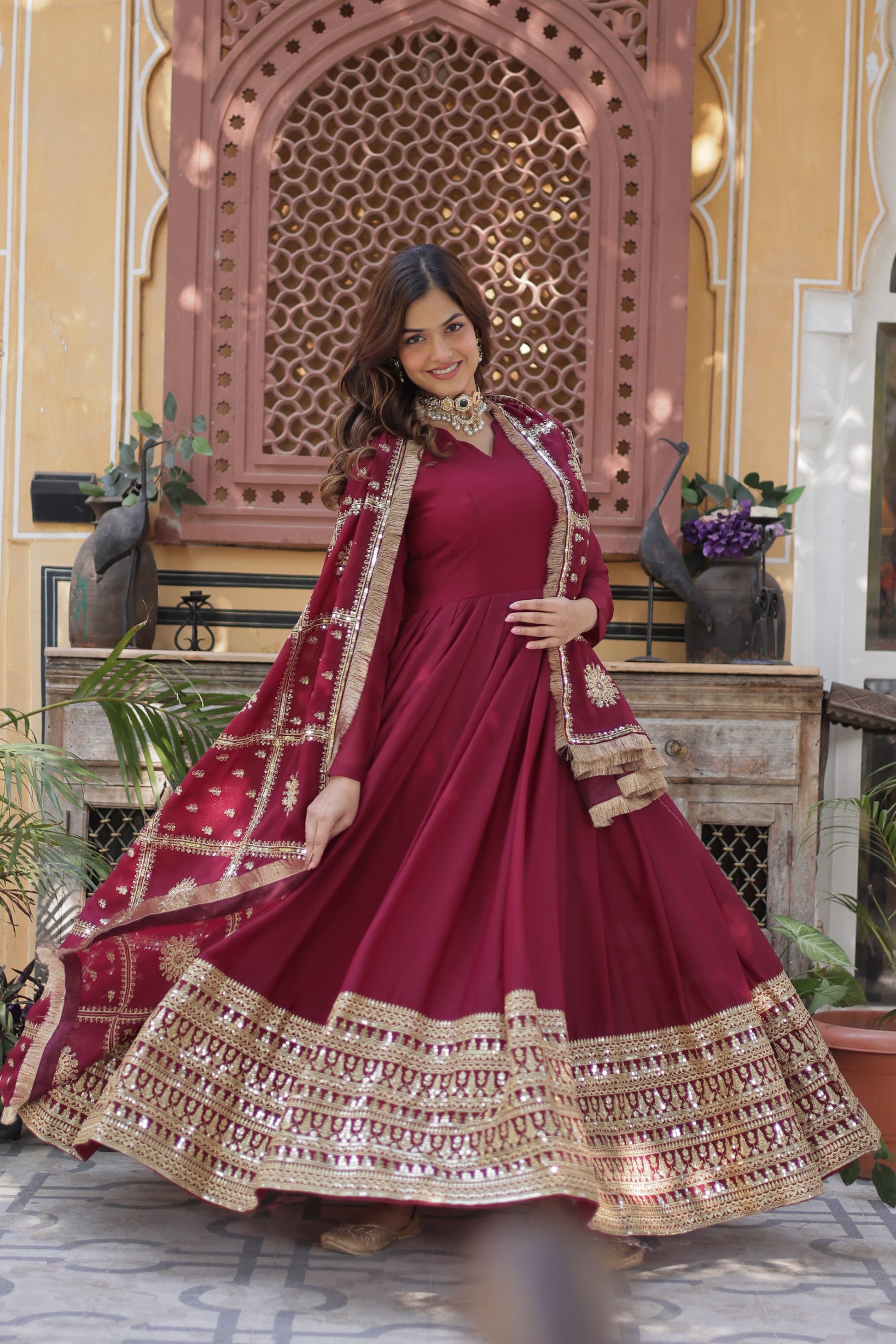 Lovely Georgette Embroidered Zari Sequins Worked Gown With Dupatta - INDIAN ELEGANCE