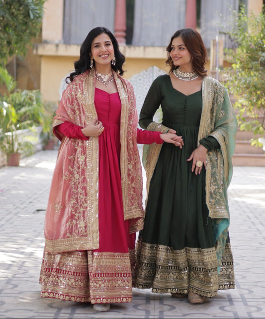 Lovely Vichitra Shimmer Embroidered Gown With Dupatta - INDIAN ELEGANCE