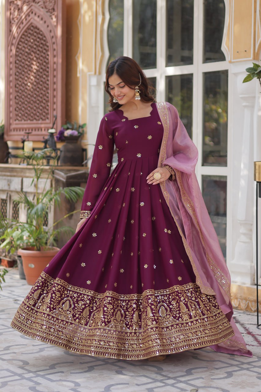 Graceful Star Georgette Gown Set with Gold Crush Dupatta
