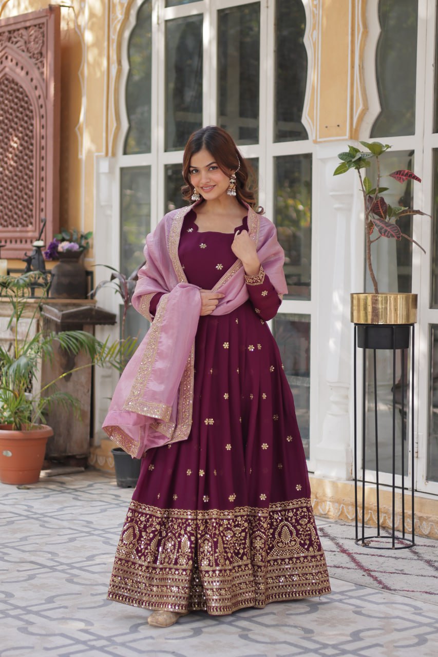 Graceful Star Georgette Gown Set with Gold Crush Dupatta