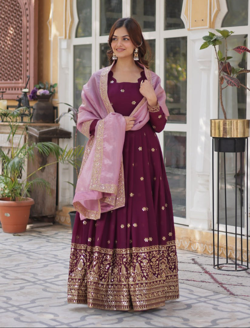 Graceful Star Georgette Gown Set with Gold Crush Dupatta