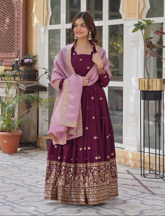 Graceful Star Georgette Gown Set with Gold Crush Dupatta