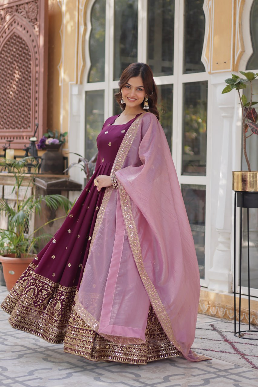Graceful Star Georgette Gown Set with Gold Crush Dupatta