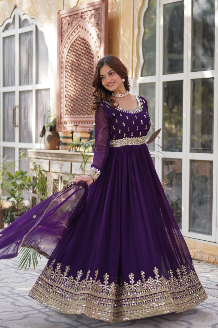 Spellbinding Faux Georgette Embroidered Sequins Worked Gown - INDIAN ELEGANCE