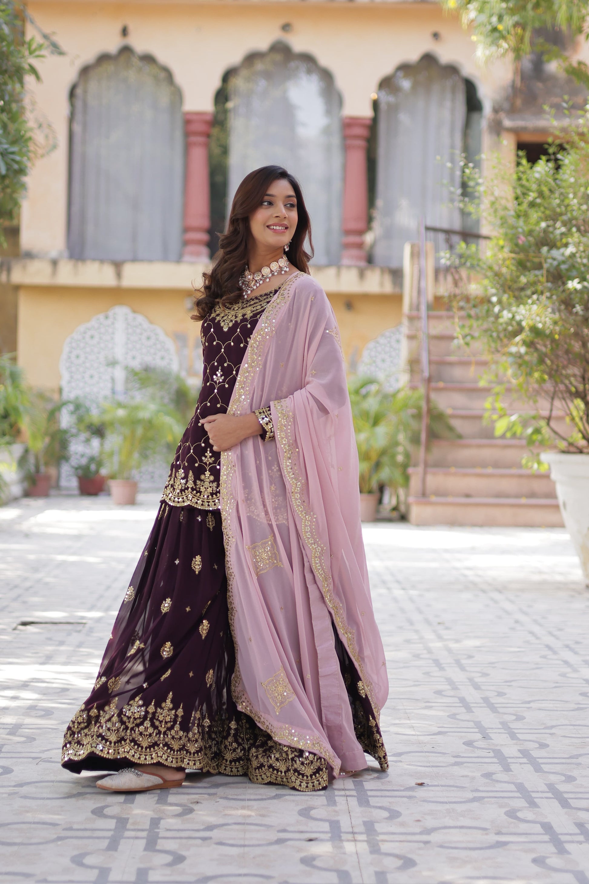 Mesmerizing Faux Georgette Sequins Embroidered Top Palazzo Suit - INDIAN ELEGANCE