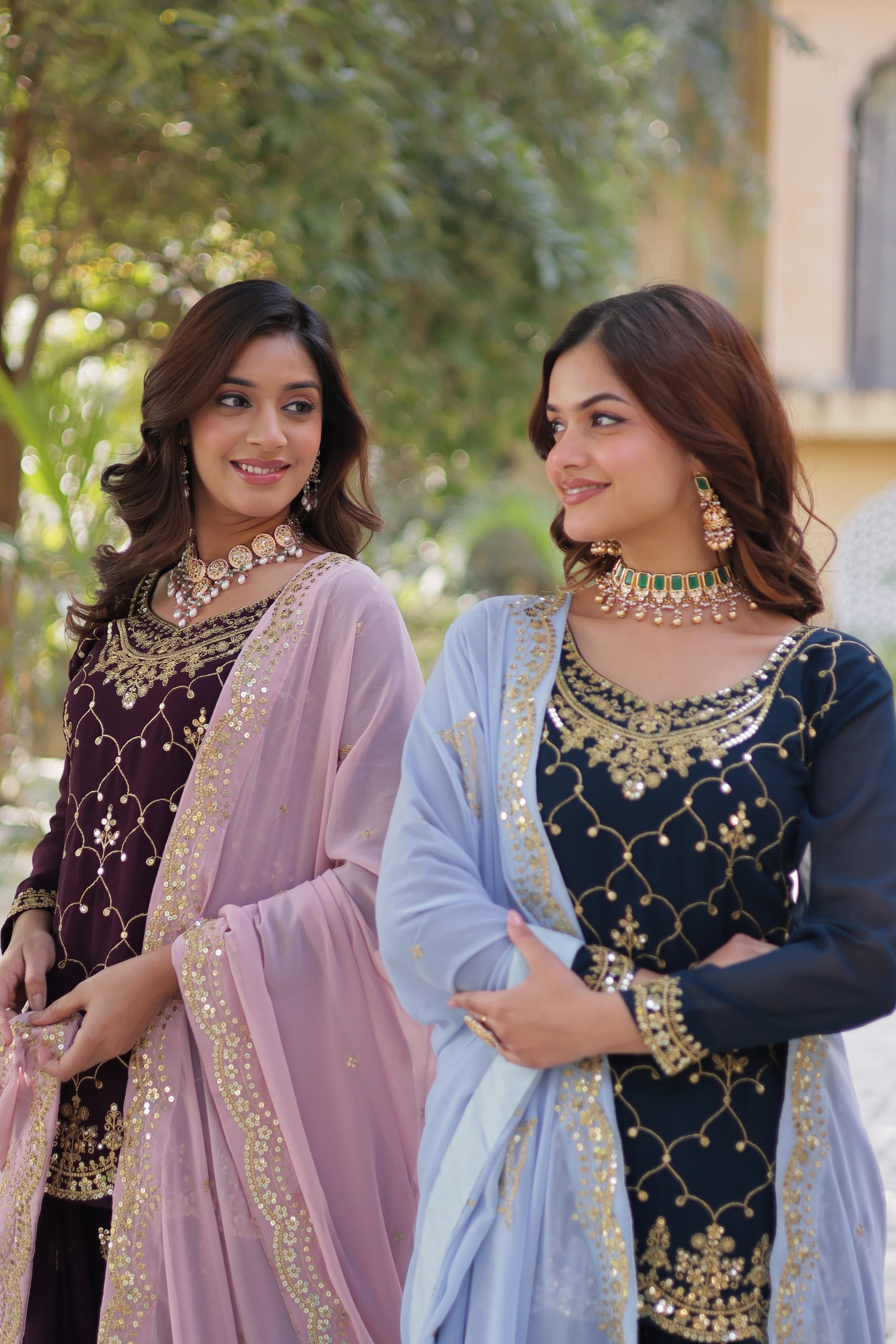 Mesmerizing Faux Georgette Sequins Embroidered Top Palazzo Suit - INDIAN ELEGANCE