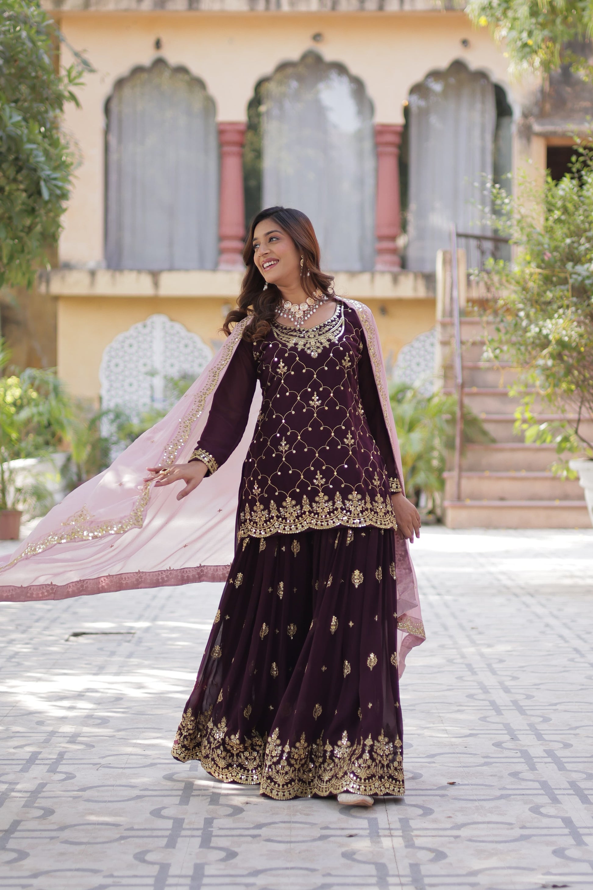 Mesmerizing Faux Georgette Sequins Embroidered Top Palazzo Suit - INDIAN ELEGANCE