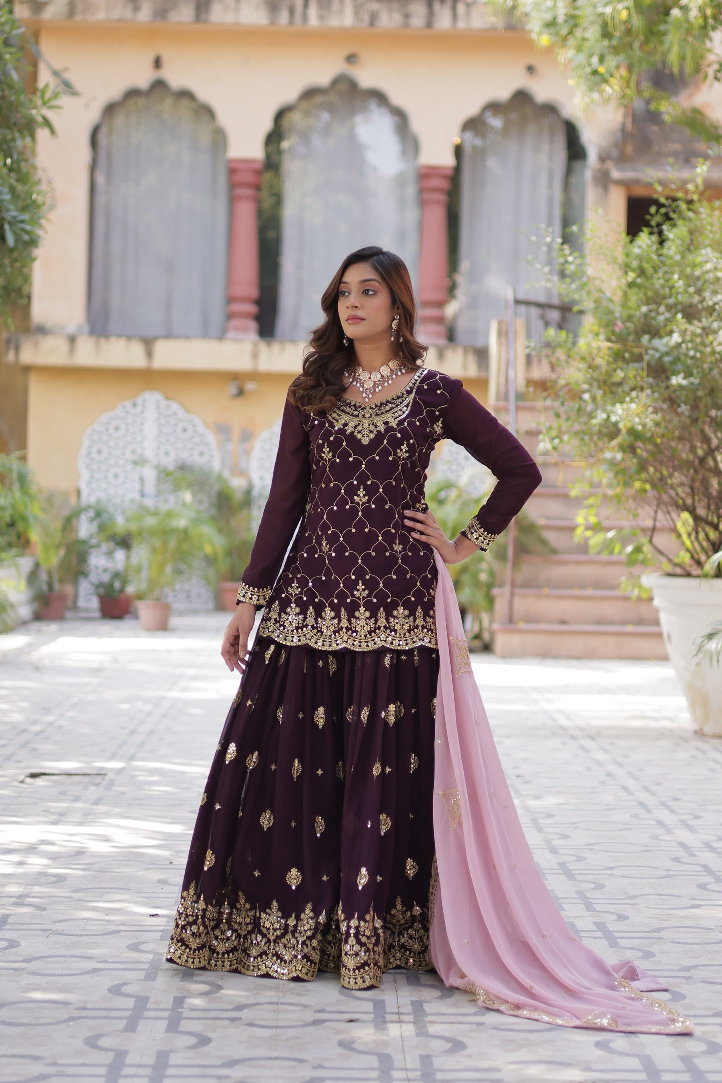 Mesmerizing Faux Georgette Sequins Embroidered Top Palazzo Suit - INDIAN ELEGANCE