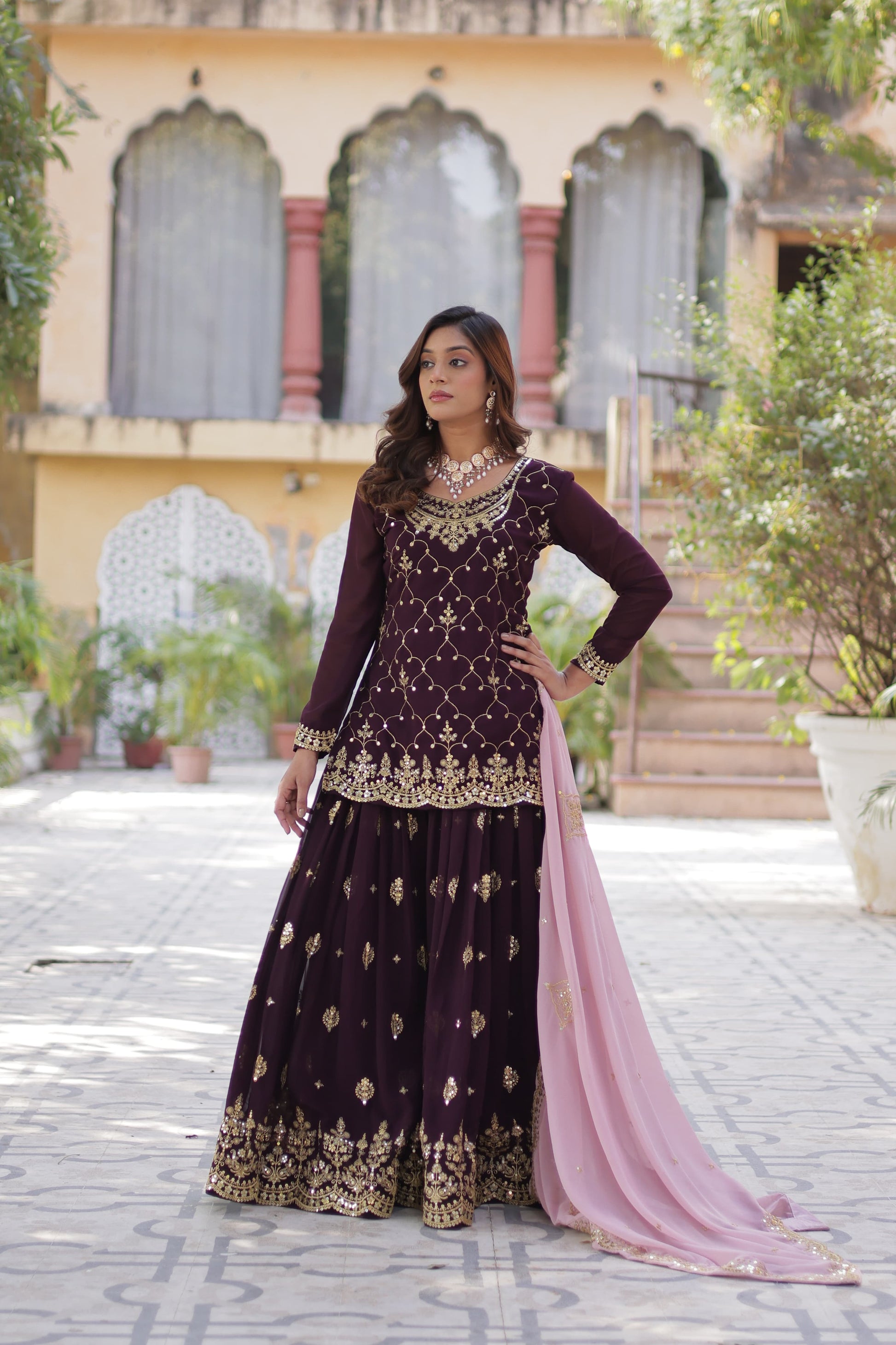 Mesmerizing Faux Georgette Sequins Embroidered Top Palazzo Suit - INDIAN ELEGANCE