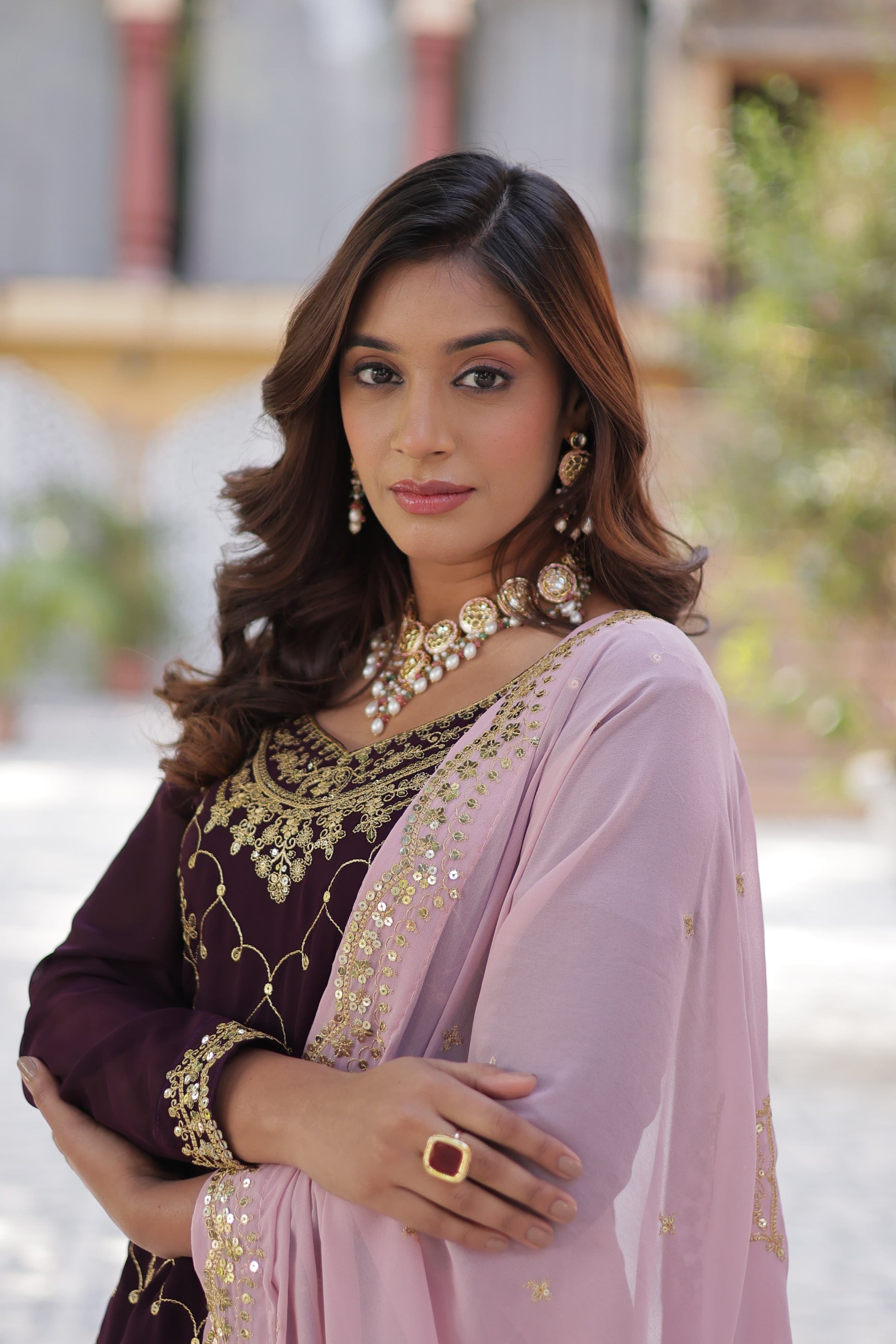 Mesmerizing Faux Georgette Sequins Embroidered Top Palazzo Suit - INDIAN ELEGANCE