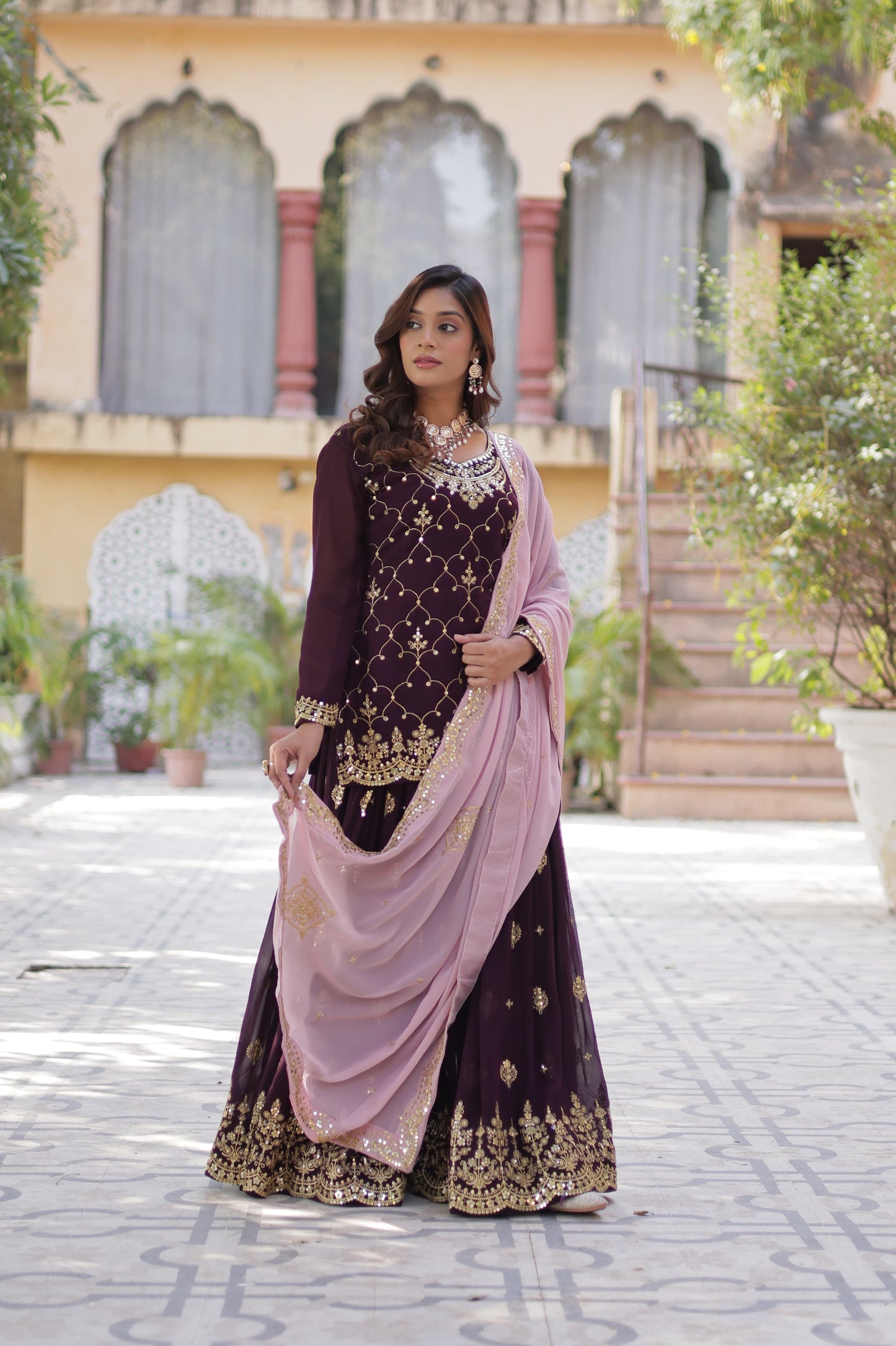 Mesmerizing Faux Georgette Sequins Embroidered Top Palazzo Suit - INDIAN ELEGANCE