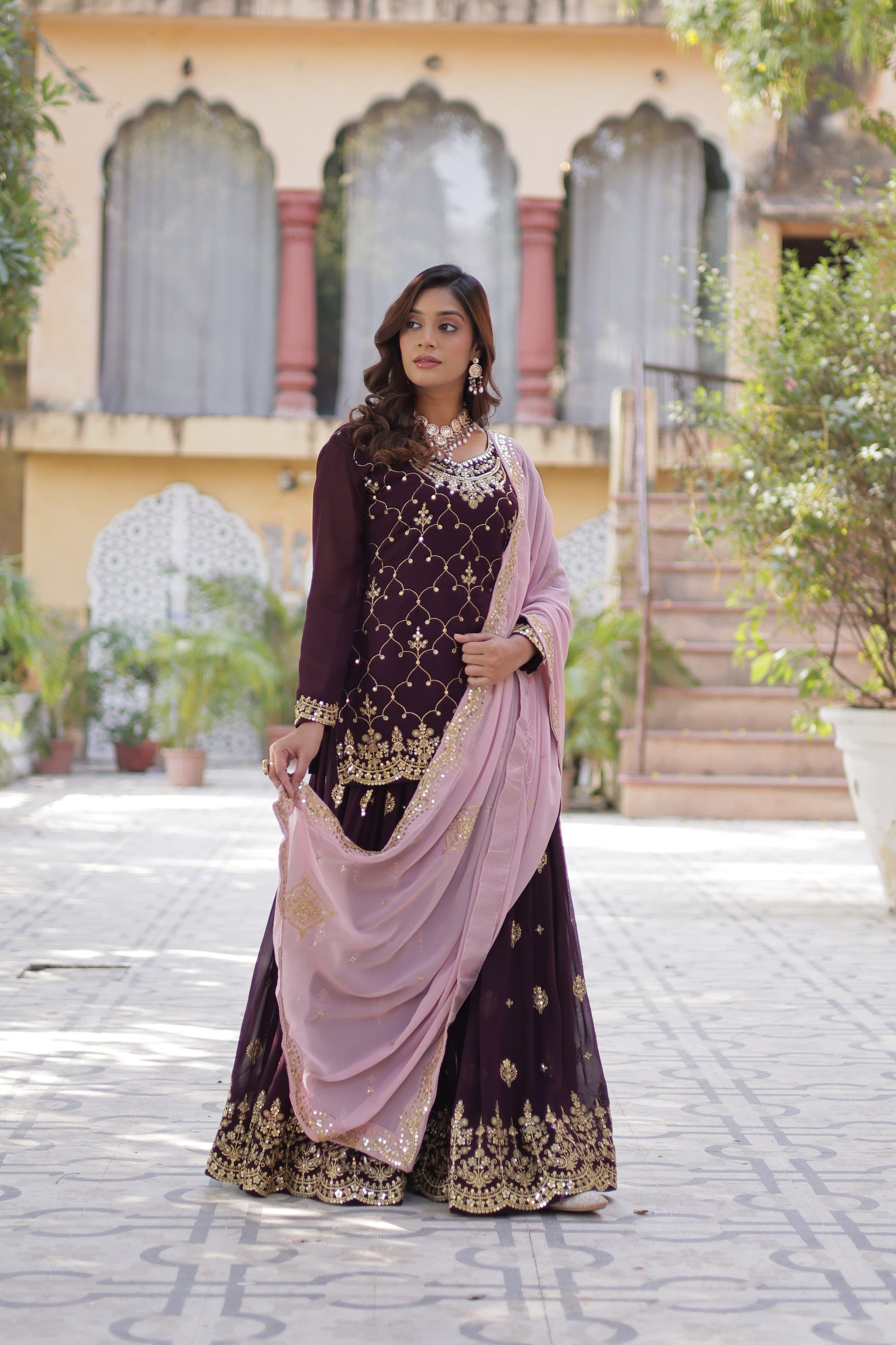 Mesmerizing Faux Georgette Sequins Embroidered Top Palazzo Suit - INDIAN ELEGANCE