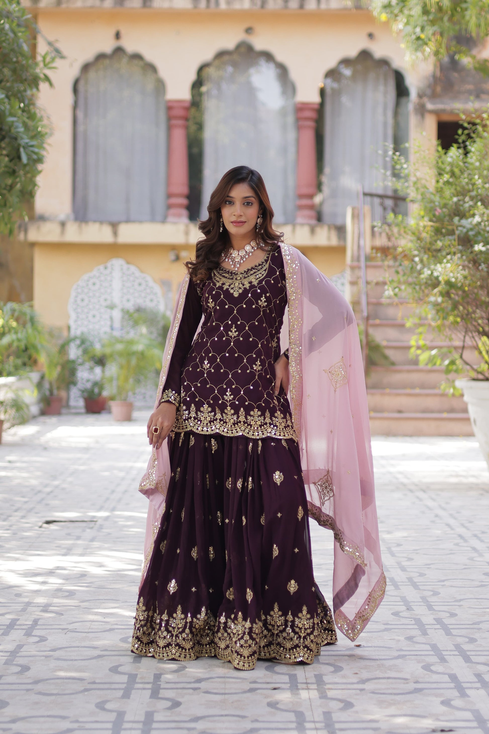 Mesmerizing Faux Georgette Sequins Embroidered Top Palazzo Suit - INDIAN ELEGANCE