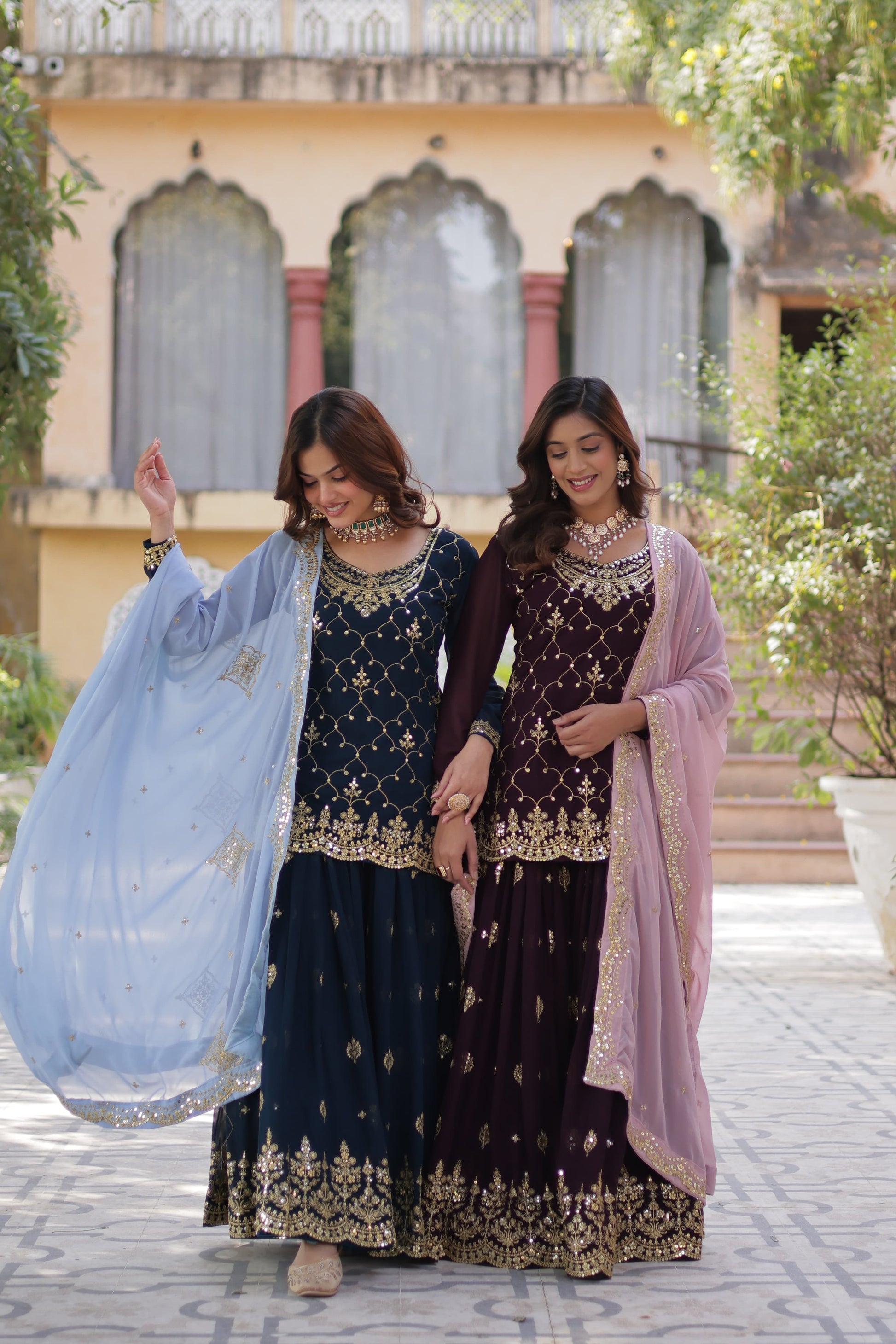 Mesmerizing Faux Georgette Sequins Embroidered Top Palazzo Suit - INDIAN ELEGANCE