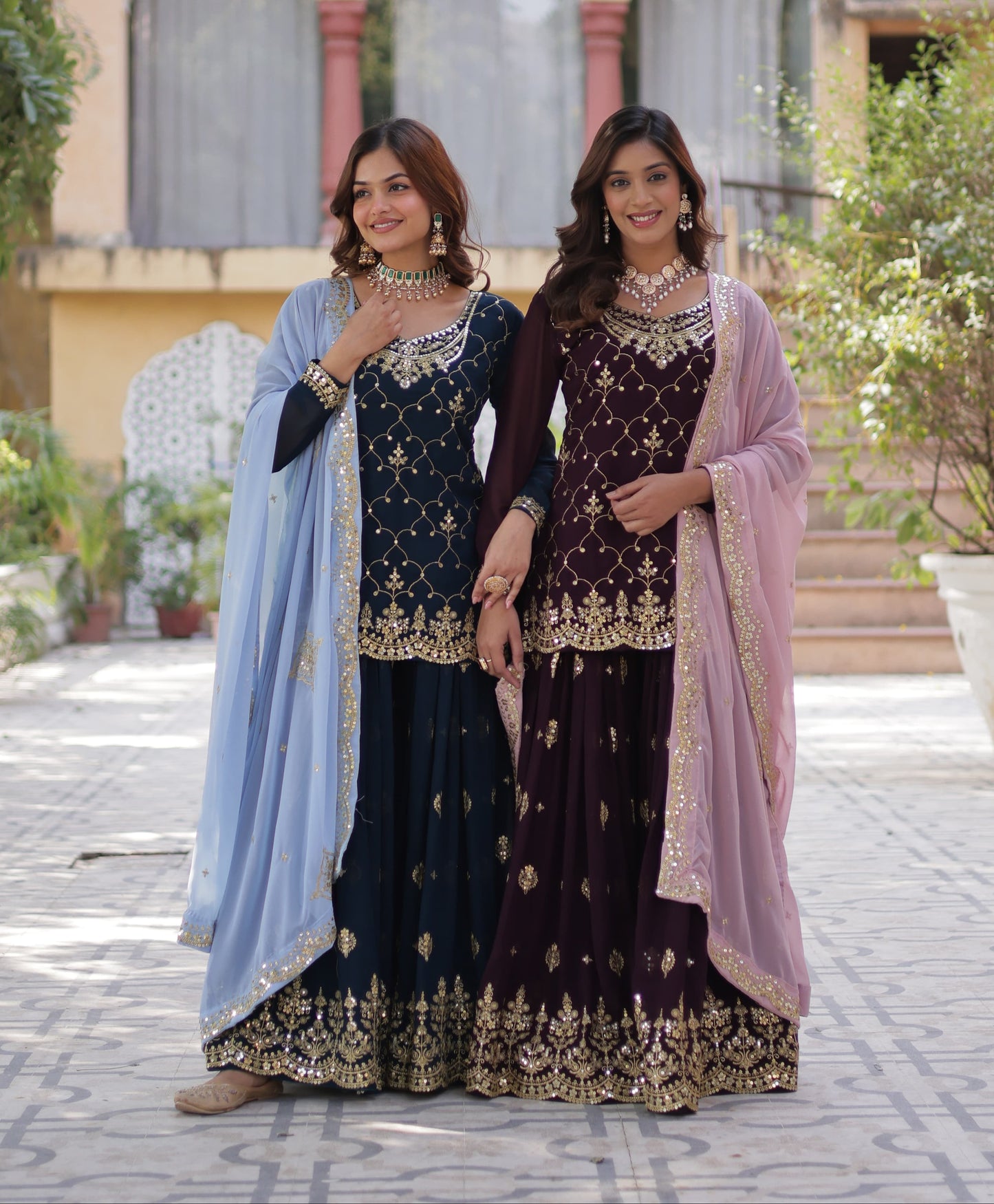 Mesmerizing Faux Georgette Sequins Embroidered Top Palazzo Suit - INDIAN ELEGANCE