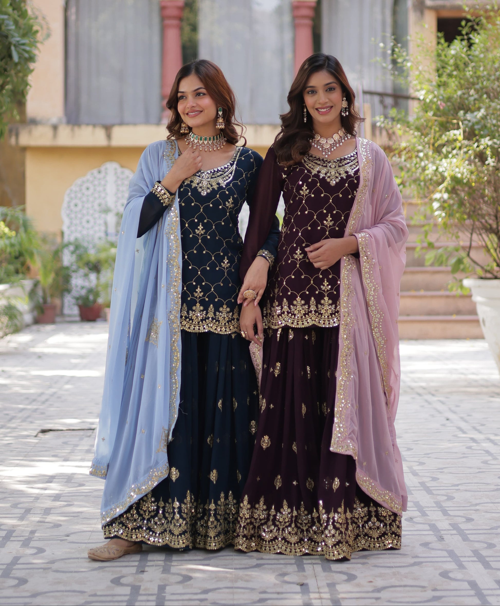 Mesmerizing Faux Georgette Sequins Embroidered Top Palazzo Suit - INDIAN ELEGANCE