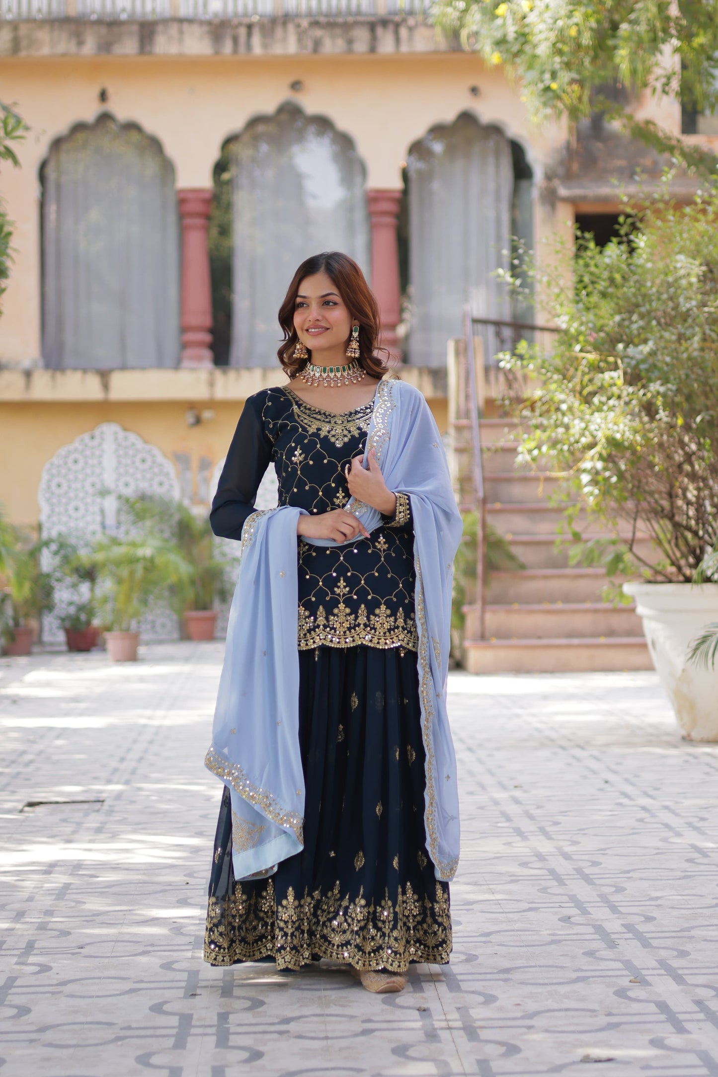 Mesmerizing Faux Georgette Sequins Embroidered Top Palazzo Suit - INDIAN ELEGANCE