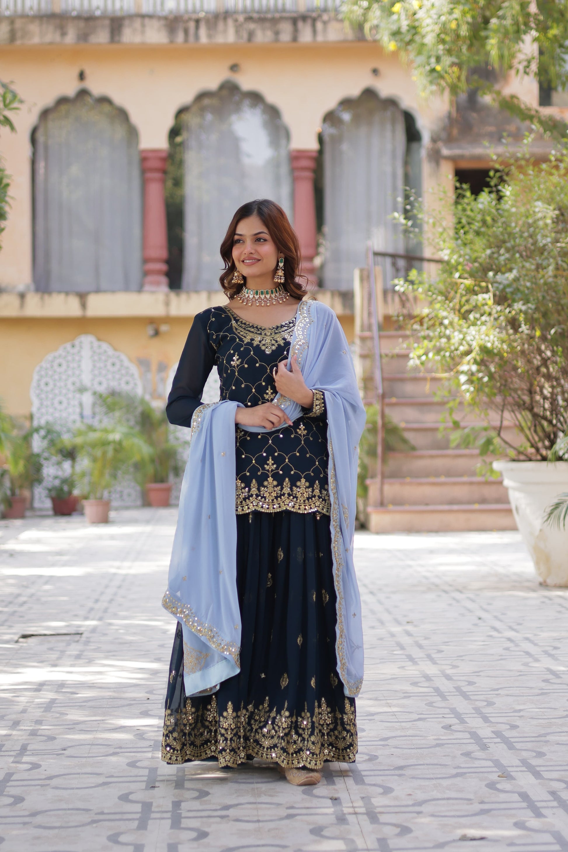 Mesmerizing Faux Georgette Sequins Embroidered Top Palazzo Suit - INDIAN ELEGANCE