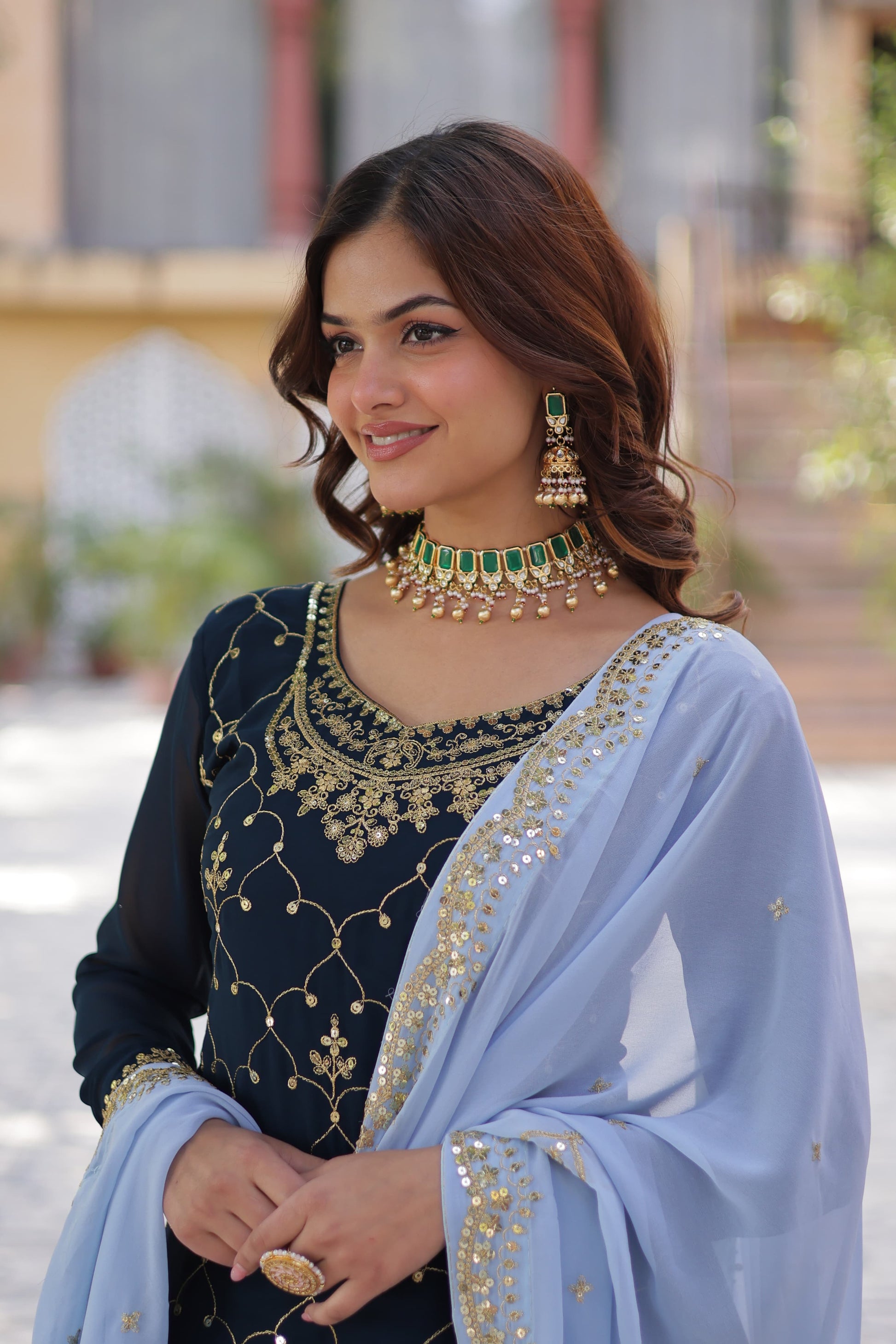 Mesmerizing Faux Georgette Sequins Embroidered Top Palazzo Suit - INDIAN ELEGANCE