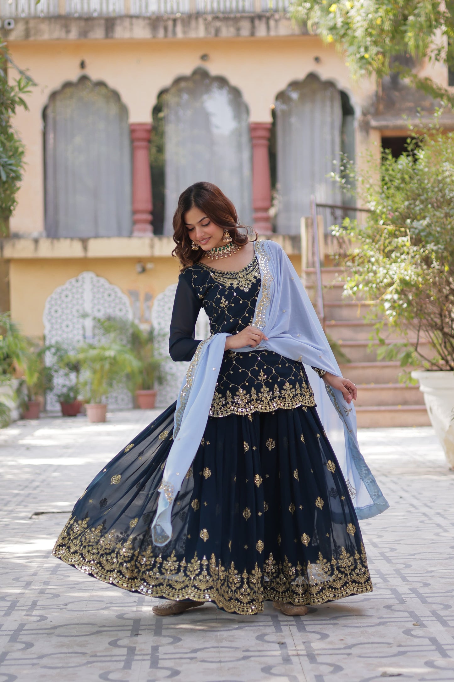 Mesmerizing Faux Georgette Sequins Embroidered Top Palazzo Suit - INDIAN ELEGANCE