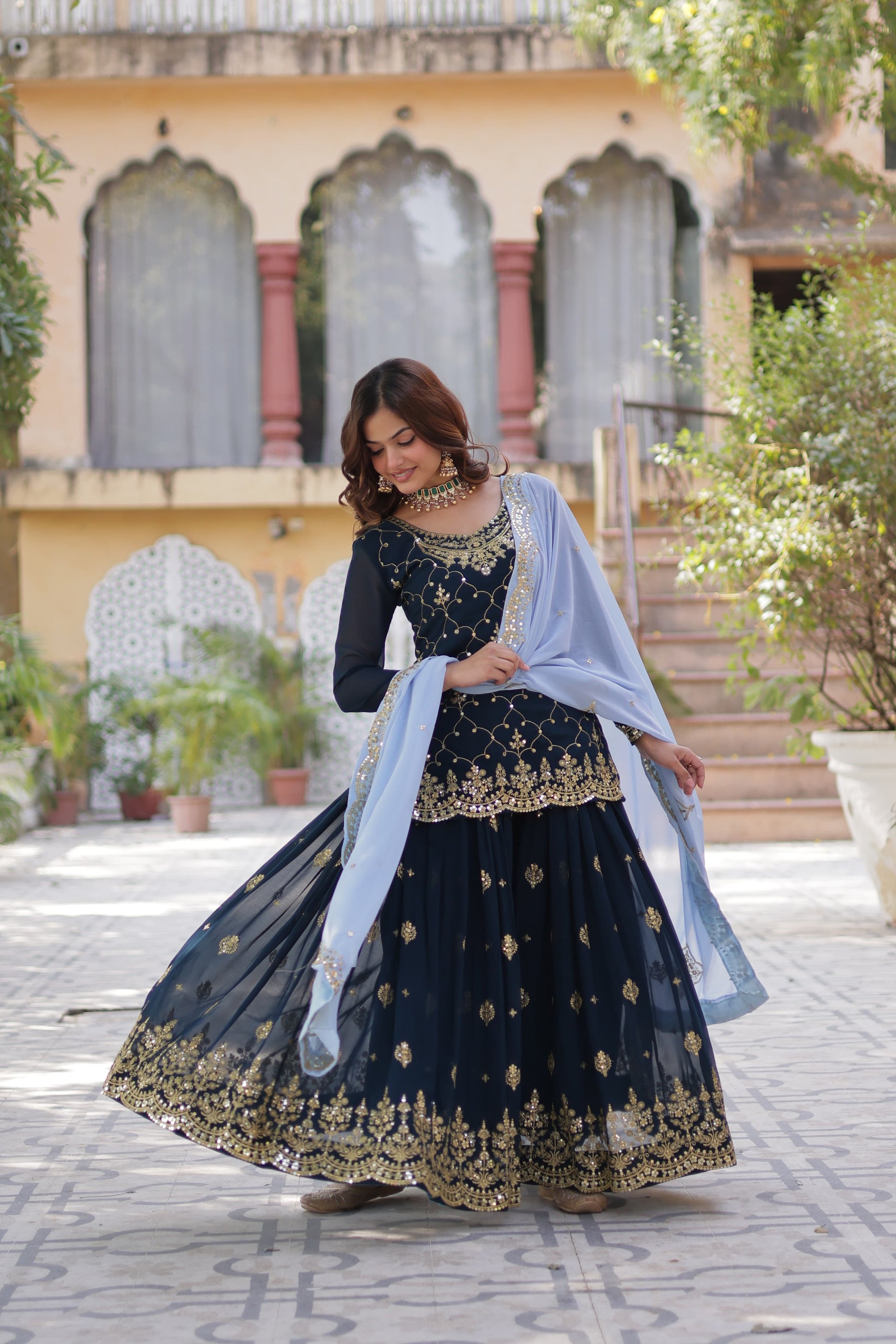 Mesmerizing Faux Georgette Sequins Embroidered Top Palazzo Suit - INDIAN ELEGANCE