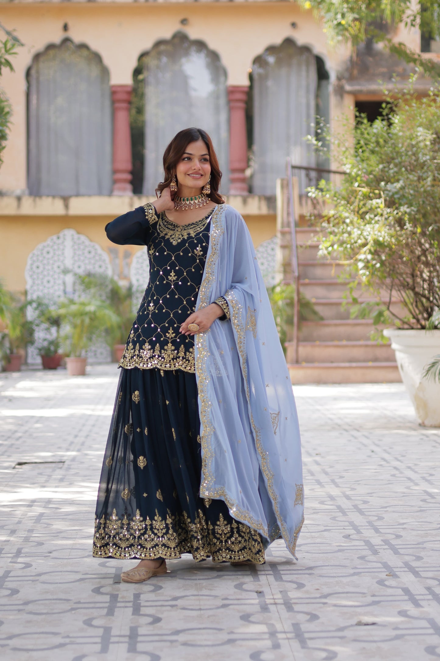 Mesmerizing Faux Georgette Sequins Embroidered Top Palazzo Suit - INDIAN ELEGANCE