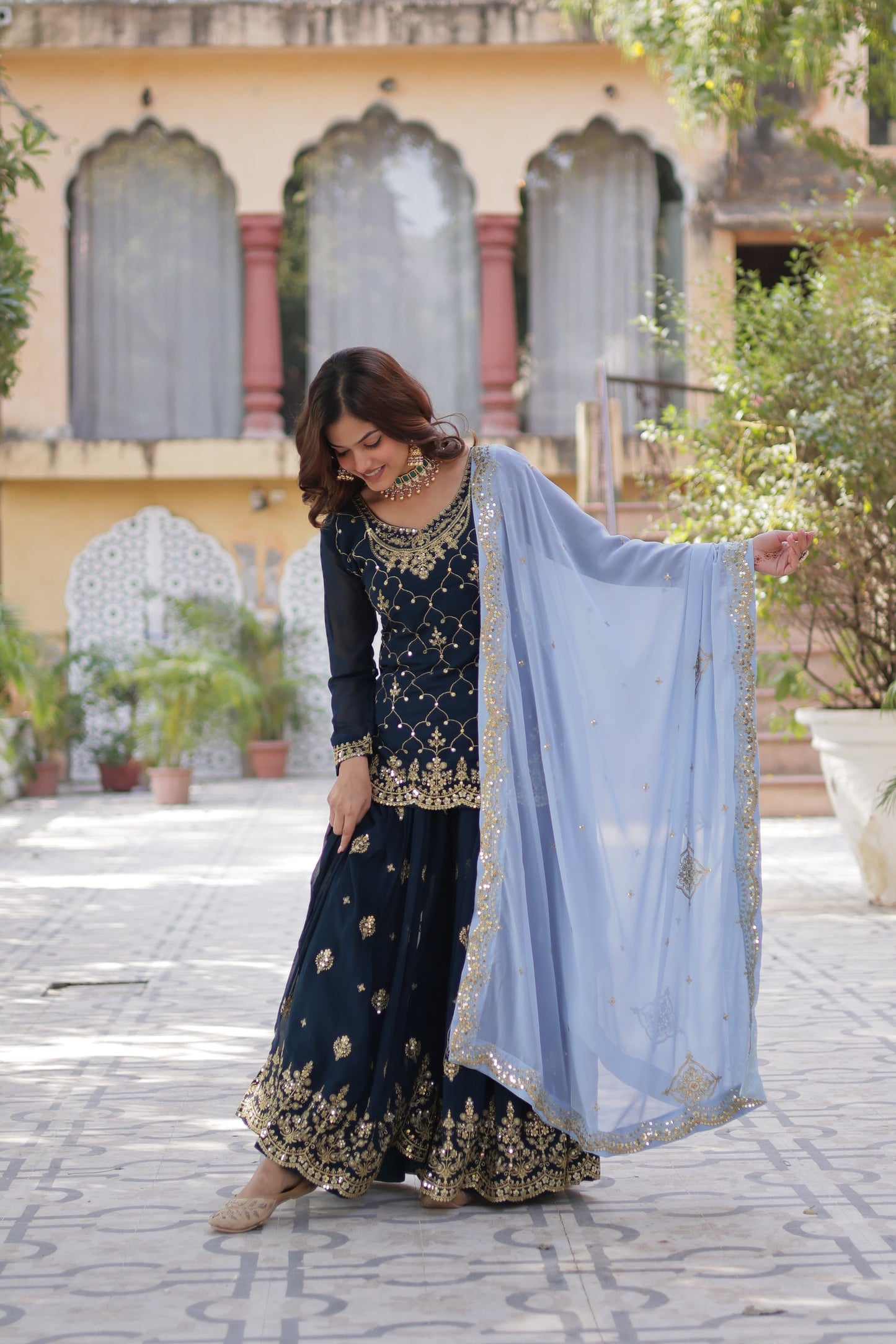 Mesmerizing Faux Georgette Sequins Embroidered Top Palazzo Suit - INDIAN ELEGANCE