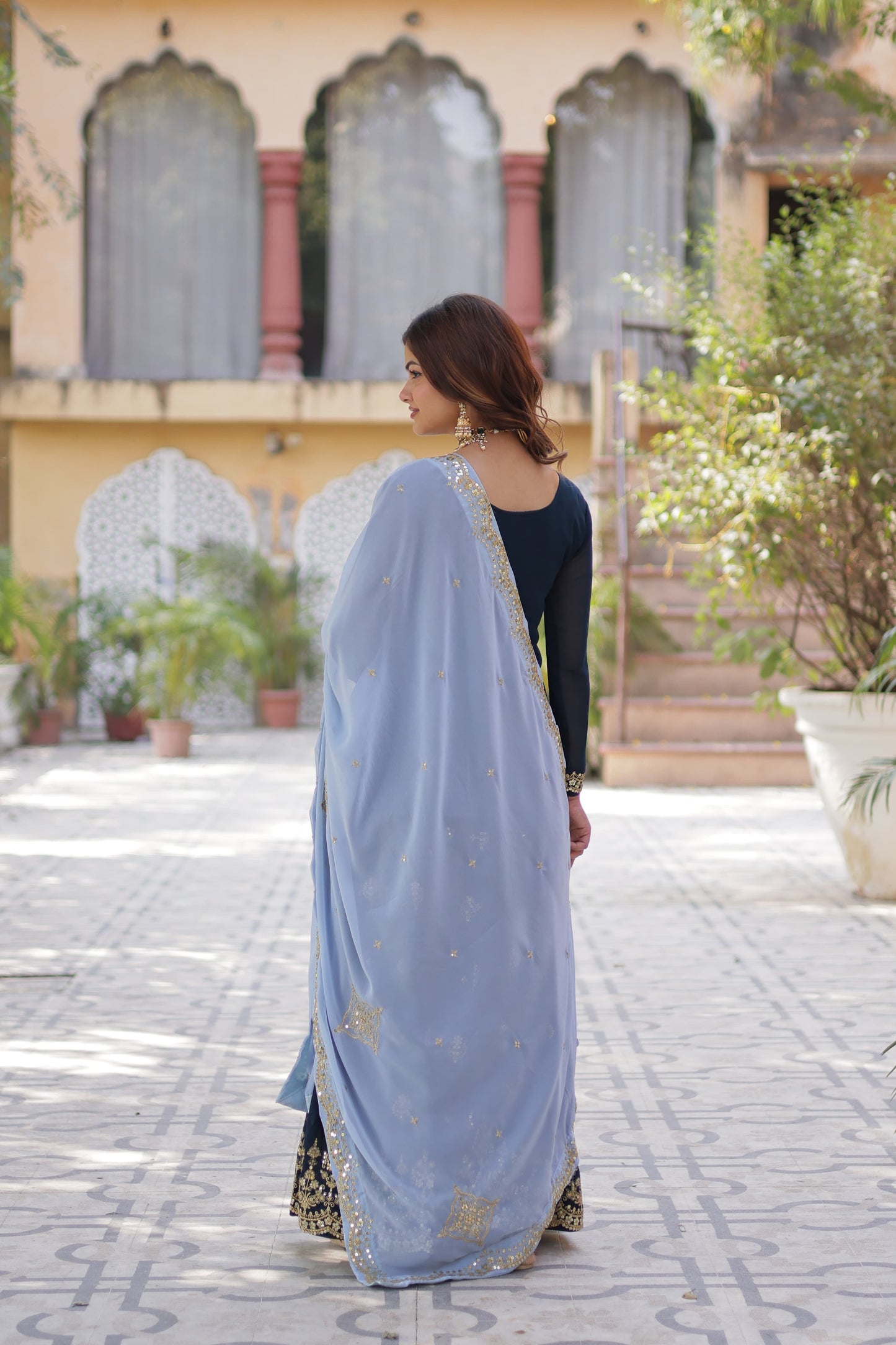 Mesmerizing Faux Georgette Sequins Embroidered Top Palazzo Suit - INDIAN ELEGANCE
