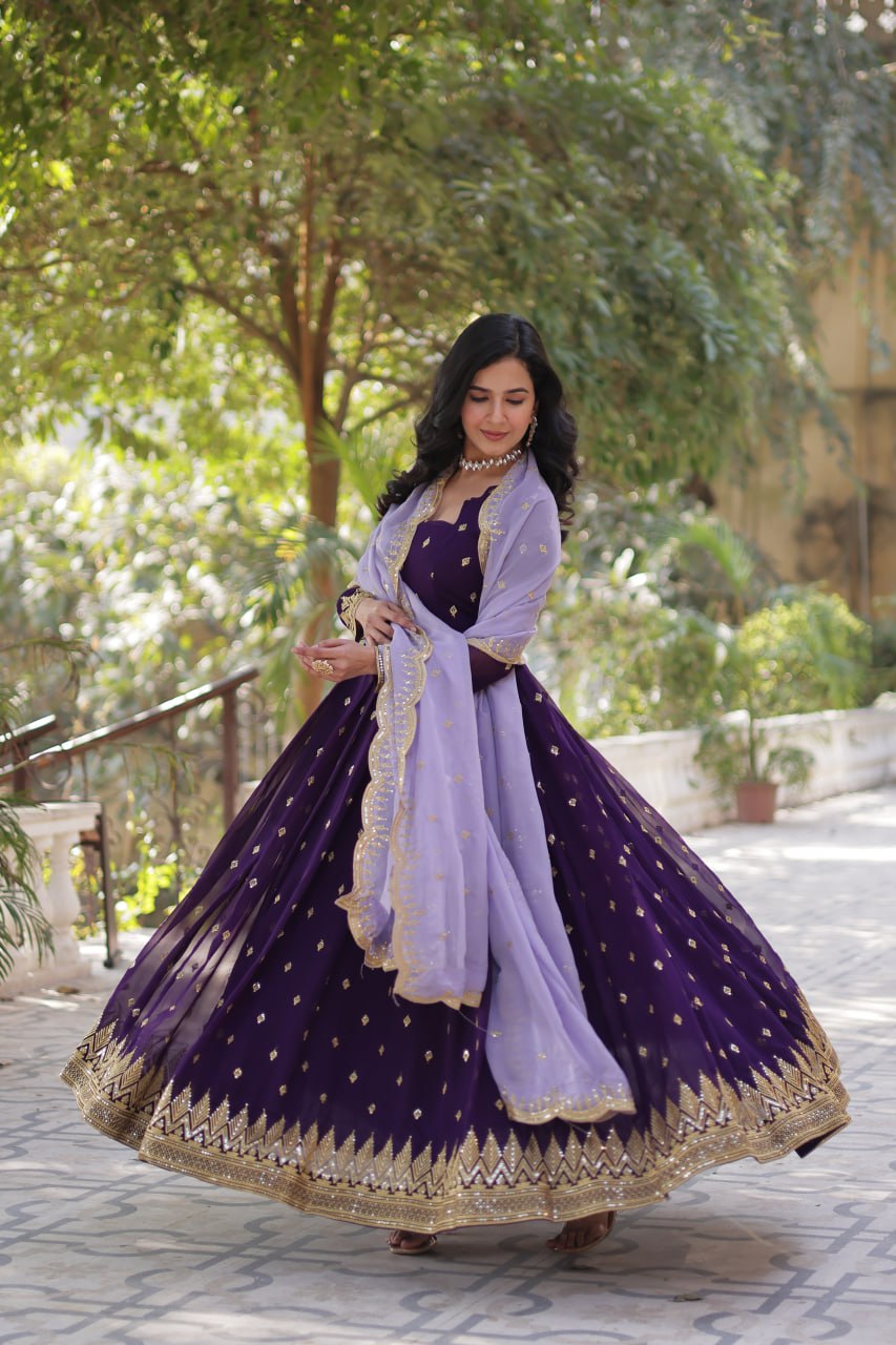 Designer Faux Blooming Georgette Gown Set With Cutwork Dupatta