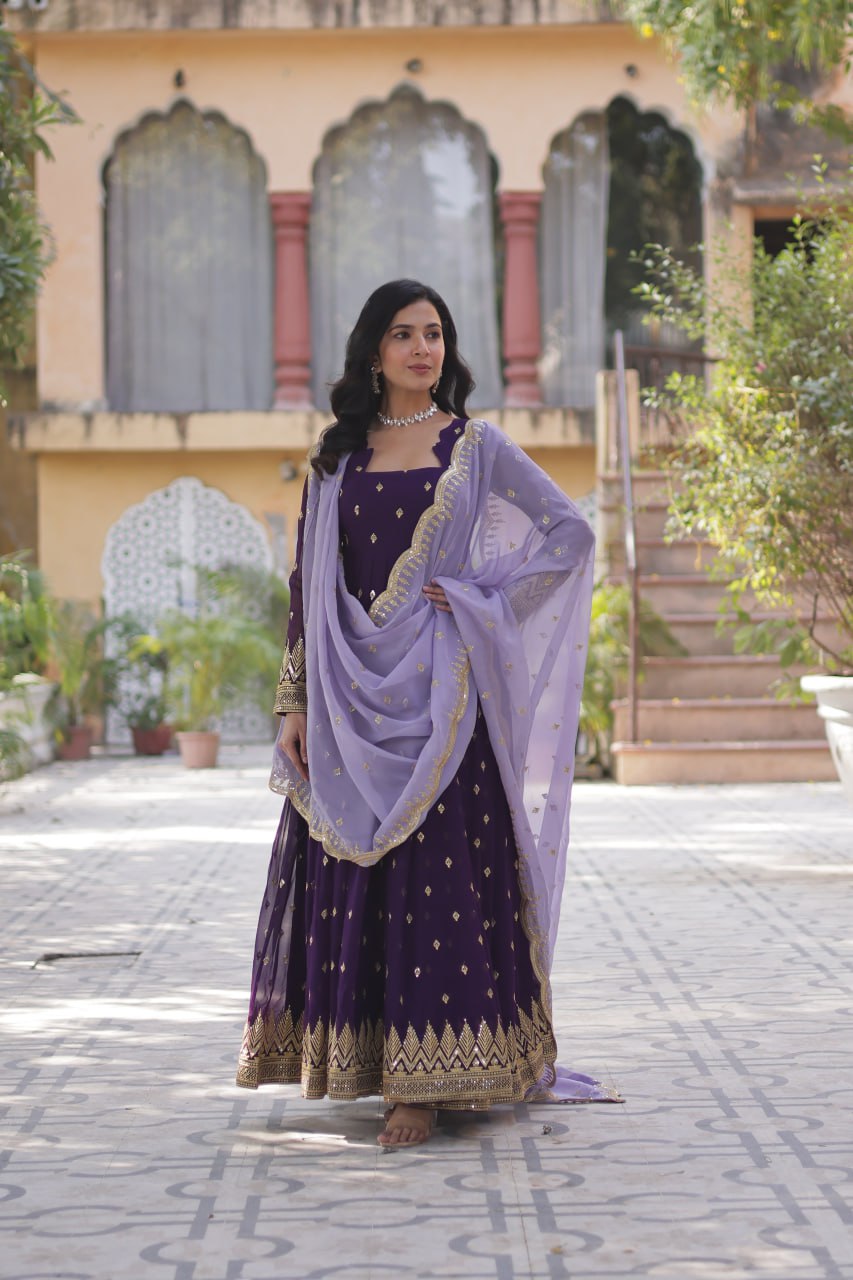 Designer Faux Blooming Georgette Gown Set With Cutwork Dupatta