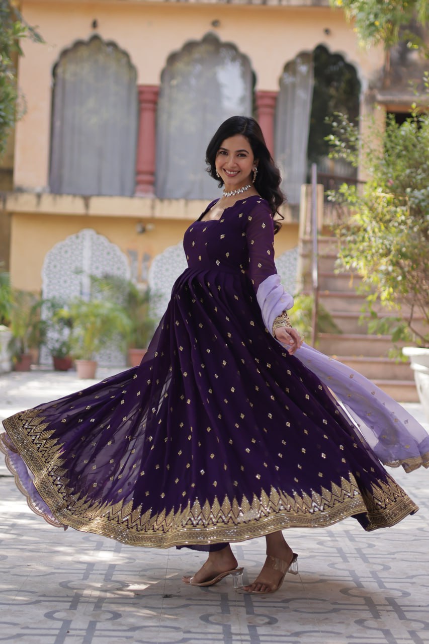 Designer Faux Blooming Georgette Gown Set With Cutwork Dupatta