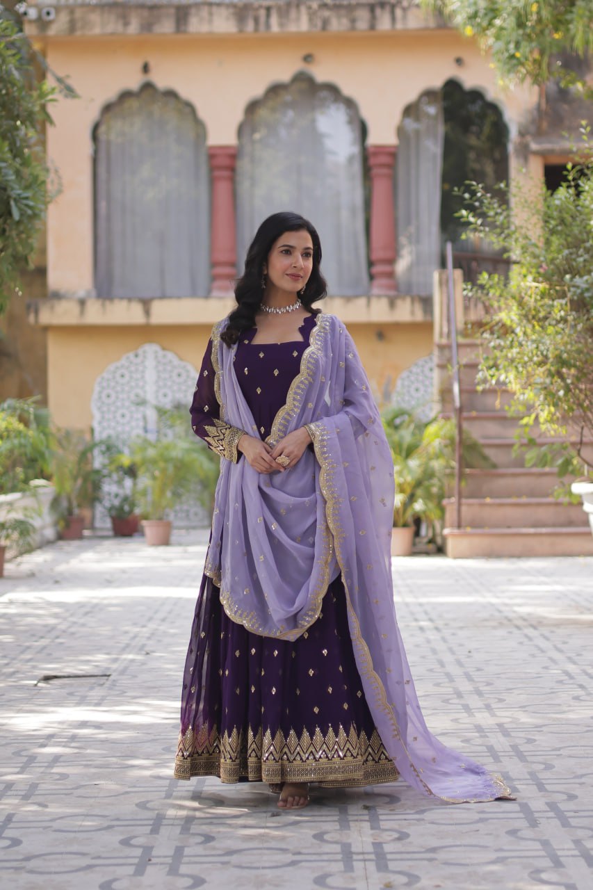 Designer Faux Blooming Georgette Gown Set With Cutwork Dupatta