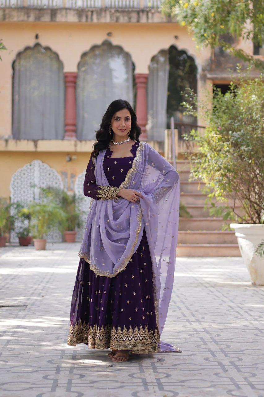 Designer Faux Blooming Georgette Gown Set With Cutwork Dupatta