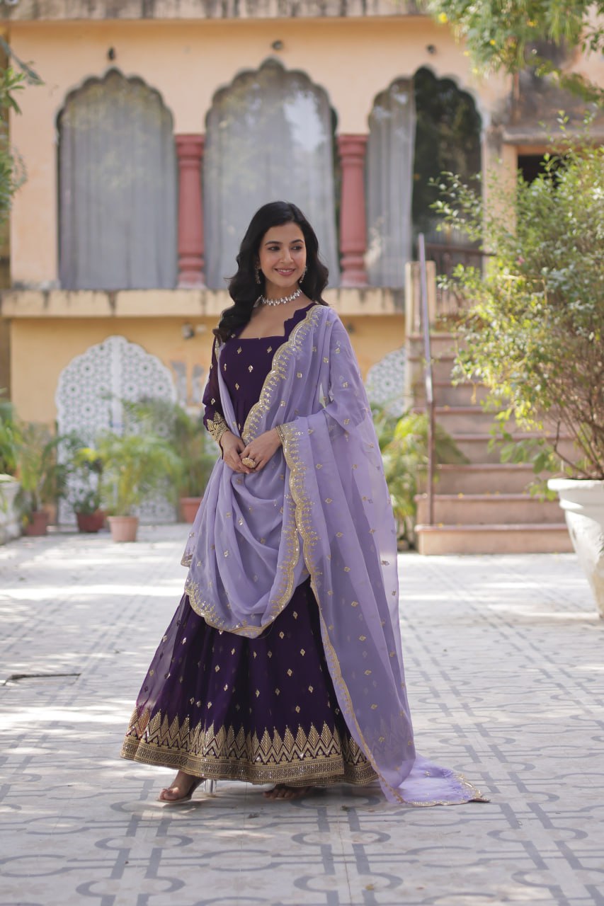 Designer Faux Blooming Georgette Gown Set With Cutwork Dupatta