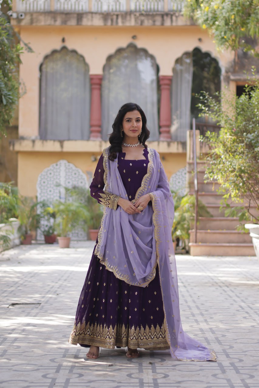 Designer Faux Blooming Georgette Gown Set With Cutwork Dupatta
