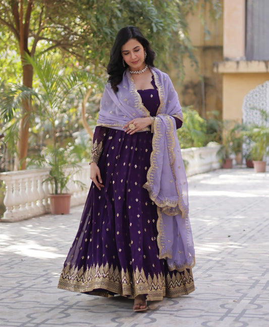 Designer Faux Blooming Georgette Gown Set With Cutwork Dupatta