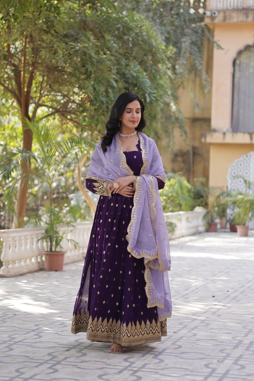 Designer Faux Blooming Georgette Gown Set With Cutwork Dupatta