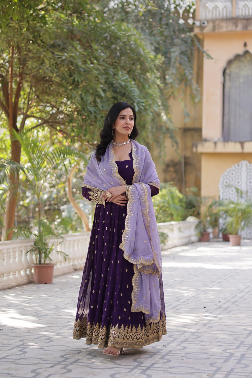 Designer Faux Blooming Georgette Gown Set With Cutwork Dupatta