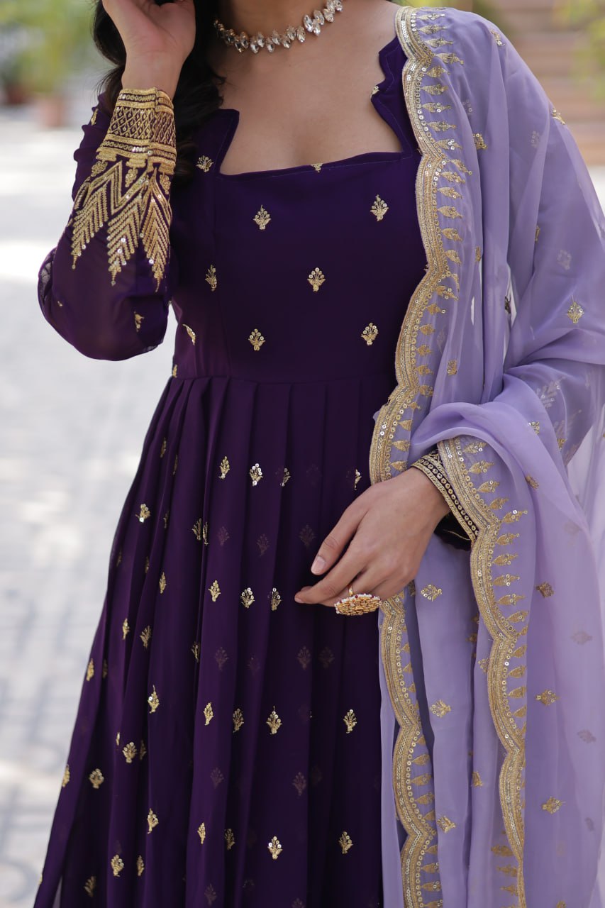 Designer Faux Blooming Georgette Gown Set With Cutwork Dupatta