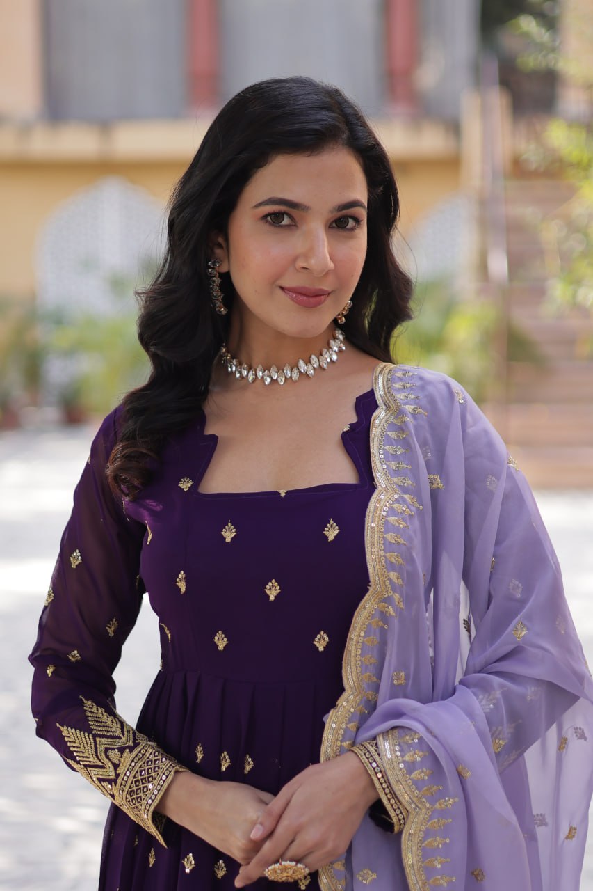 Designer Faux Blooming Georgette Gown Set With Cutwork Dupatta