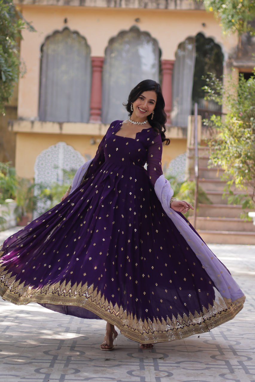 Designer Faux Blooming Georgette Gown Set With Cutwork Dupatta