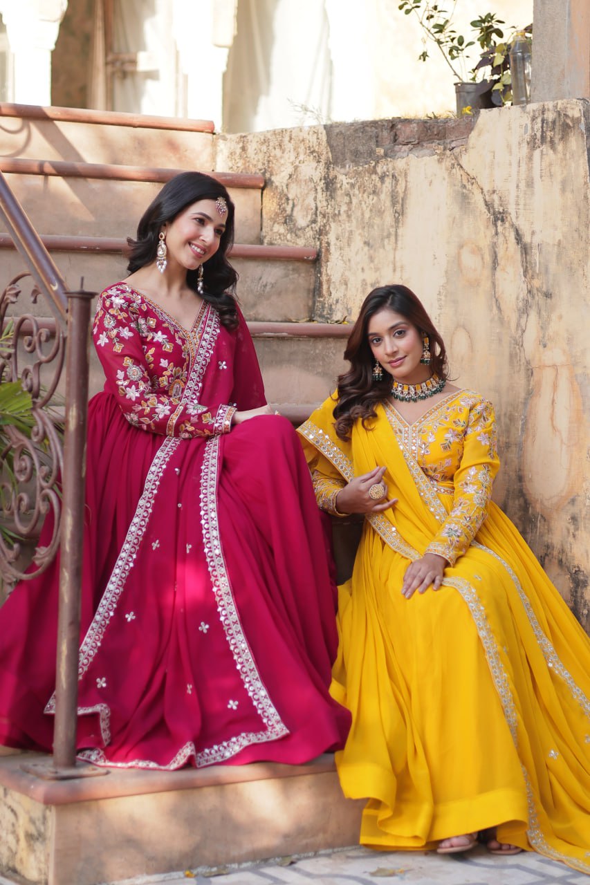 Magnificent Faux Georgette Zari Sequins Embroidered Gown With Dupatta - INDIAN ELEGANCE