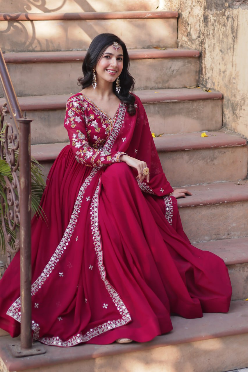 Magnificent Faux Georgette Zari Sequins Embroidered Gown With Dupatta - INDIAN ELEGANCE